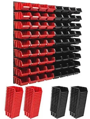 Produktbild von Wandregal 772 x 780 mm mit 72 Stapelboxen und Werkzeughaltern für Werkstatt und Garage