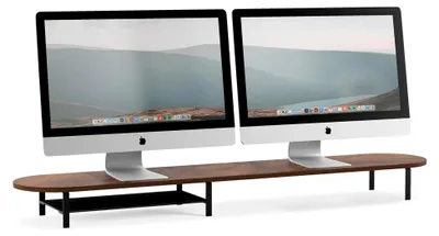 Produktbild von Monitorständer aus Holz für 2 Monitore in Walnuss - Ergonomische Bildschirmhöhe mit Ablage 115 x 22 x 10 cm