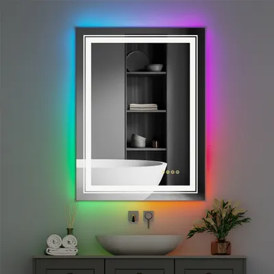Produktbild von WISFOR LED koupelnové zrcadlo 60 × 80 cm nástěnné zrcadlo Koupelnové zrcadlo s osvětlením pro koupelnu Ložnice Make-Up, barevné led zrcadlo do koupelny, stmívatelné bez mlhy s dotykovým spínačem