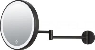 A black LED makeup mirror mounted on an adjustable arm against a white background.