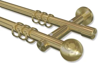 Two brass-colored curtain rods with rings and finials, presented against a white background.