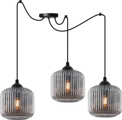 Immagine prodotto di Lampada a sospensione RIFFLE a ragno, nera, a 3 luci, cilindro in vetro grigio, E27