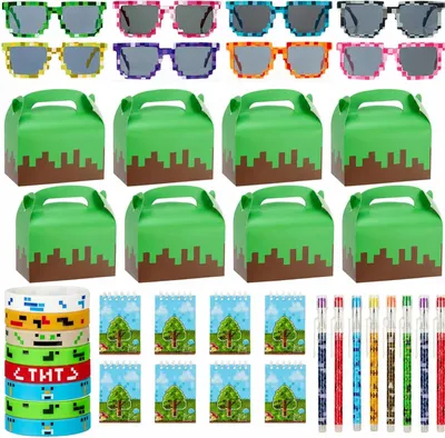 Productafbeelding van Pixel-feestcadeautje voor 8 gasten - Gaming-verjaardagsdecoratie - Accessoires met 8 notitieboeken - 8 mozaïekbrillen - 8 potloden