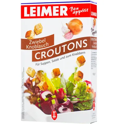 Zdjęcie produktu dla Leimer grzanki cebula czosnek delikatnie opiekane białe pieczywo 100g