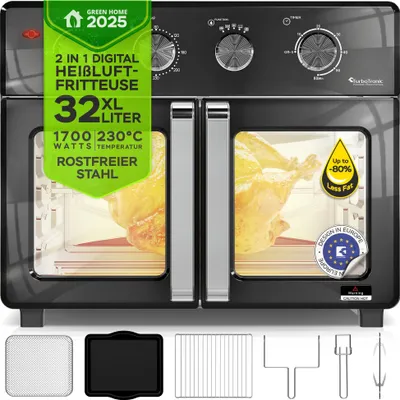 A digital air fryer oven with various accessories shown below.