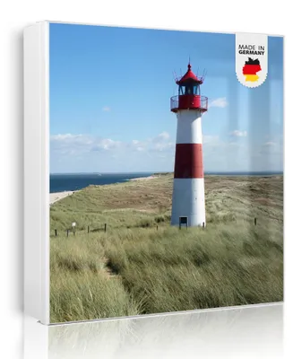 Produktbild von banjado Schlüsselkasten aus Metall, 30x30cm groß mit 32 Haken, als Magnettafel nutzbar, Korpus weiß, Anschlag rechts, Leuchtturm [SKGW1 10082]