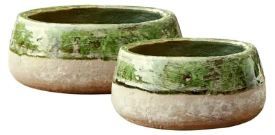 Produktbild von Schale 2er Set Reefton, Zwei Größen, in Handarbeit gefertigt, teils handglasiert, charmantes Antik-Finish, Dekoration, Terrakotta, grün/antikweiß
