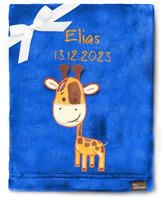 Produktbild von Be Mammy Babydecke mit 3D Applikation bestickt mit Name und Geburtsdatum 76 x 102 cm BE20-280 (Dunkelblau – Giraffen, 76 x 102 cm)