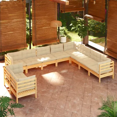 Produktbild von 2024 Moderne Gartenmöbelgarnituren 10-tlg. Garten-Lounge-Set mit Creme Kissen Massivholz Kiefer 211807