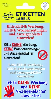 Produktbild von Avery Zweckform 59508, Briefkasten Aufkleber, 85 x 160 mm, 4 Sticker / 1 Bogen, rot, blau, weiß, schwarz