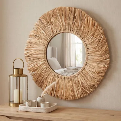 Produktbild von Wandspiegel Seegras Ø 50cm Runder Spiegel Flurspiegel Wanddeko Boho Deko Natur