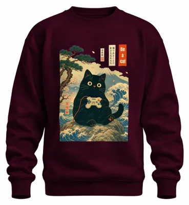 Immagine prodotto di Felpa con cappuccio, stile "gamer", con immagine di un gatto nero, ispirata all'arte giapponese Ukiyo-e, con elementi che richiamano l'onda e lo stile Y2K. Colore: bordeaux. Taglia: 3XL