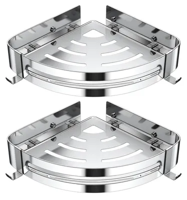Immagine prodotto di Mensola da doccia senza foratura, 2 pezzi, argento, acciaio inossidabile 304, angolare, con 4 ganci, dimensioni 28x21x4,5 cm
