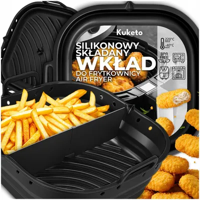 A product shot of a black silicone air fryer insert filled with french fries and chicken nuggets, with product information text and graphics in the background.