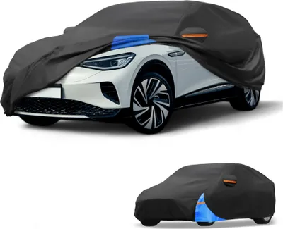 Image de Housse Voiture šŠtanche Toutes Saisons Usage ExtšŠrieur,Protection Anti-Uv,Soleil Pluie, Couverture Complššte Pour Vw Id.4 2022-24 Tissu Oxford 210D Noir Bleu Bandes RšŠflšŠchissantes
