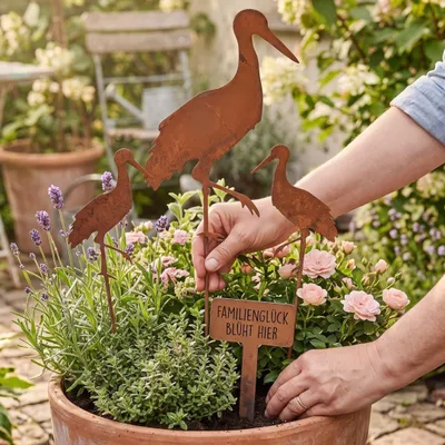 Produktbild von Storm's Gartenzaubereien Gartenstecker Storch 3er Set, Edelrost Metall Rostdeko für Garten & Balkon, H max. 37,5 cm