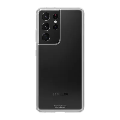 A transparent phone case with a Samsung phone inside, shown from the back.