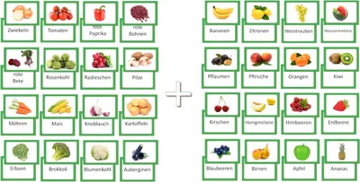 Produktbild von 2 x 16 Stück Bildkarten Obst & Gemüse Vokabelkarten Lernkarten beidseitig folienkaschiert verschiedene Gemüse- und Obstsorten gut zum Lernen geeignet Vorderseite Abbildung des Obstes / Gemüses, Vokabel / Bezeichnung auf der Rückseite