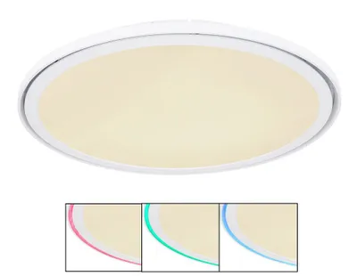 Produktbild von Globo Lighting Deckenleuchte Metall weiß, Kunststoff weiß, dimmbar, mehrere Stufen über Wandschalter, Farben fixierbar, RGB Farbwechsler, RGB Farben fixierbar, Memoryfunktion, Nachtlicht, Fernbedienung, Batterie inkludiert 2x AAA, ø: 500mm, H: 55mm, inkl. LED 30W 230V, 440-3000lm Source, 320-2400lm Output, CCT 2700-6500K, inkl. RGB LED 6W 230V