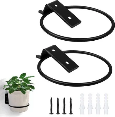 Image de Support mural pour plantes, anneau métallique, pot de fleurs noir 11 x 13 cm