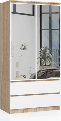 A wardrobe with mirrored doors and two drawers, set against a white background.