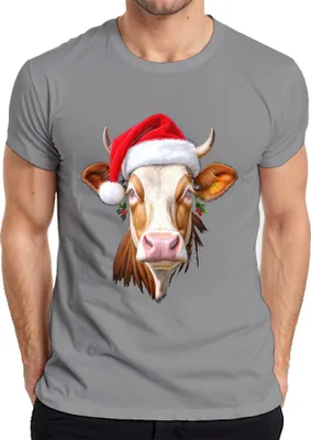Produktbild von Weihnachtskuh Nikolausmütze Bauernhof Geschenk niedlich lustig Herren T-Shirt, Grau, XL