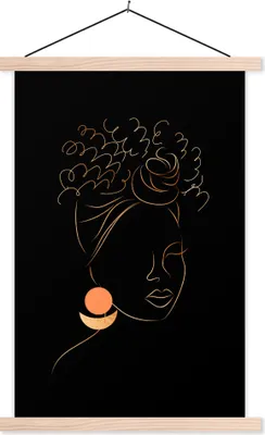 Produktbild von MuchoWow® Textilposter Frau - Schwarz und Gold - Strichzeichnung 40x60 cm mit holzfarbenen Rahmen - Poster