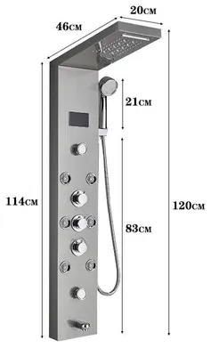 Image de Panneau de douche LED avec ensemble pour baignoire - Douche à effet pluie et cascade - 4 buses de massage - Affichage numérique de la température - Mitigeur à 3 poignées - Acier inoxydable 304 - Finition nickel brossé - Modèle 8009