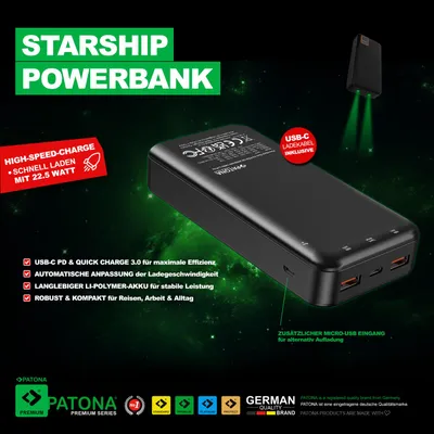 Obrázek produktu pro PATONA 9417, 20000 mAh, Lithium-polymerová (LiPo), Power Delivery, Quick Charge 3.0, 3,7 V, Černá