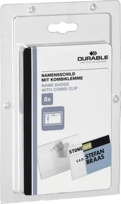 Zdjęcie produktu dla DURABLE Identyfikator 40x75 mm z kombi-klipem ma?e opakowanie, Przezroczysty, 869419, 5 szt.