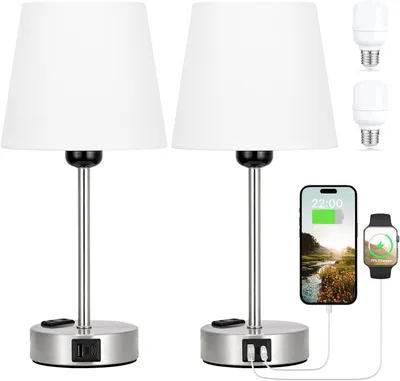 Immagine prodotto di Lampada da comodino con dimmer touch, porta USB-A e USB-C per la ricarica, e 2 luci LED - Bianco/Argento