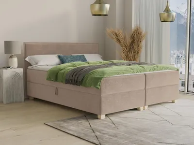 Produktbild von Boxspringbett Fren mit 2 Bettkästen - Doppelbett mit Bonell-Matratze und Topper, Polsterbett, Bett mit Holzfüße, Schlafzimmer (Beige (Paros 02), 160 x 200 cm)