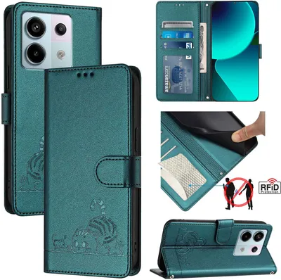 Produktbild von Leder Hülle für Xiaomi Poco X6/Redmi Note 13 Pro 5G Süße Katze Flip Case Brieftasche Schutzhülle mit Standfunktion Grün