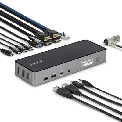 Imagen del producto de STARTECH.COM: Estación de acoplamiento USB-C para tres monitores, con estación de carga para portátil de 140W, compatible con MacBook Pro y Windows. Soporta resolución 4K a 60Hz a través de HDMI o DisplayPort