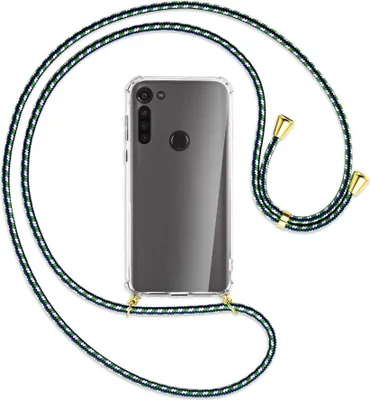 Produktbild von Handykette Backcover-Schutzhülle mit Band (Metall goldfarben) für Motorola Moto G8 - grün/blau/weiß