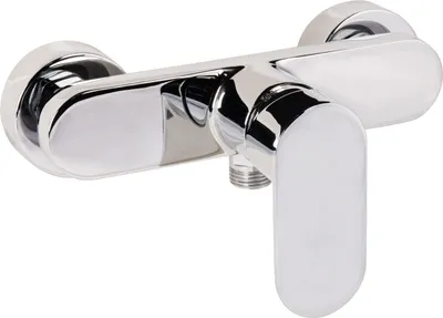 A chrome shower faucet is shown against a white background.