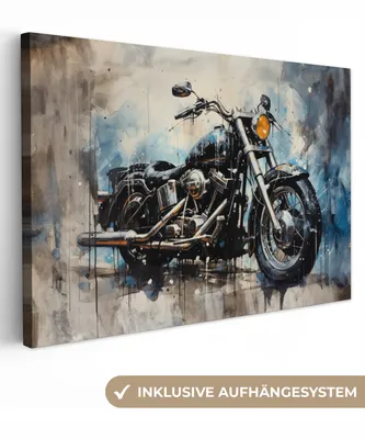 Produktbild von MuchoWow® - Leinwandbilder - Motorrad - Fahrrad - Blau - Pastell - Weiß, Wandbild, Wanddeko Bilder Wohnzimmer, 120x80cm
