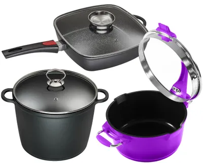 Produktbild von 6tlg. KING® Küchenset »3WAY BEERE« Ø24cm 7L XXL Kochtopf + Ø20cm Multifunktionstopf + 28x28cm Rechteckpfanne