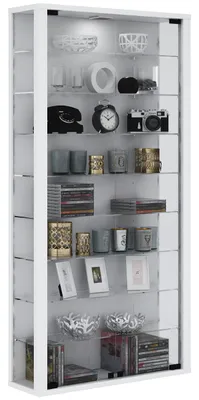 A white display cabinet filled with various decorative items and media.
