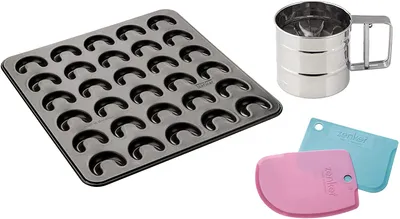 Zdjęcie produktu dla Zestaw do wypieku rogalików waniliowych Zenker: blacha do pieczenia na 30 rogalików z powłoką nieprzywierającą, łopatka do smarowania ciasta, sitko do przesiewania cukru pudru, łatwe wypiekanie rogalików waniliowych we własnym zakresie