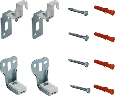 A collage of window blind mounting brackets and hardware.