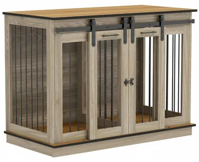 Produktbild von Hundekäfig Schiebetüren Scheunenstil teilbar Trennwand Sicherheitsschloss Stahl Spanplatte Braun 120 x 60 x 88,5 cm bis 30 kg