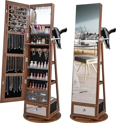 Produktbild von 164 cm abschließbarer Schmuckschrank, um 360° drehbarer Schmuck-Organizer mit LED-Leuchten, Haartrocknerständer, Make-up-Spiegel und Regal, rahmenloser Ganzkörperspiegel mit Stauraum