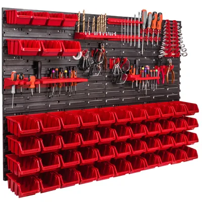Image de Panneau d'outils mural 115x78 cm avec 51 pcs. Boîtes de suspension avec jeu de supports en plastique