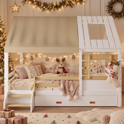 Produktbild von Merax Hausbett Kinderbett 120x200cm mit abnehmbarem Stoffdach, Holzbett mit Dachfenster, Seitenfenster, großer Schublade und Rundum-Schutzgitter,Natur