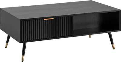A black coffee table with gold accents on its legs, shown from a slight diagonal angle against a white background.