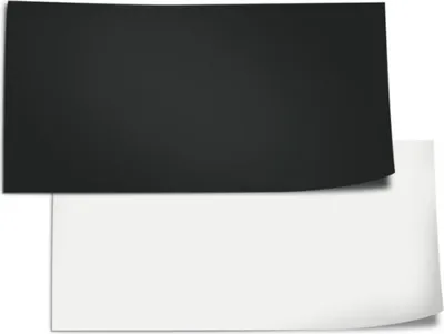 A black rectangular sheet is placed above a white rectangular sheet, both with slightly curved edges, on a white background.