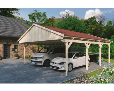 Produktbild von Doppelcarport SKAN Holz Fichtelberg inkl. Dachschindeln rot 618 x 808 cm natur