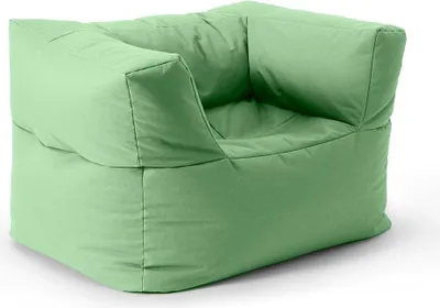A pastel green beanbag chair is shown from a slightly elevated side angle against a white background.