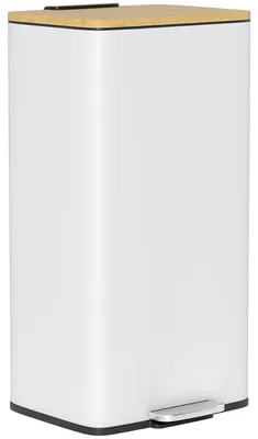 Image de Poubelle de cuisine - Poubelle à pédale - 20 litres - Couvercle en bambou avec système de fermeture en douceur - Seau intérieur amovible - Corps en métal - Blanc